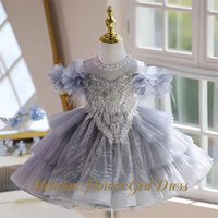 Meadow Light Grey Organza Ball Gown Party Tutu Dress with 3D Floral First Communion Gown A Line Evening Party Dresses for Girls