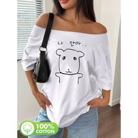 Plus Size Cute Cartoon Bear Head Line Art Minimalist Sketch Design Shoulder Loose Print T-Shirt Oversized Y2K Style Graphic T