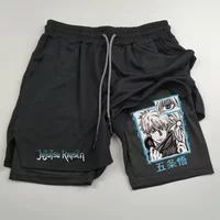 Anime Jujutsu Kaisen 2-in-1 Compression Shorts for Men Athletic Quick Dry Performance Shorts with Pockets Gym Workout Fitness