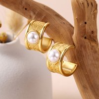 Vintage Greek Key Hoop Earrings with Pearl/Onyx - Gold Plated Geometric C Shape Stud Earrings for Women