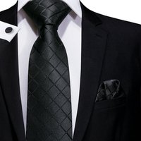 Black Solid Plaid Silk Wedding Tie For Men Handky Cufflink Gift Mens Necktie Fashion Design Business Party Dropshiping Hi-Tie
