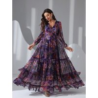 TOLEEN Summer Casual Elegant Boho Vacation Party Dresses 2024 New Women's Vintage Floral Print Long Sleeve Ruffle Hem Maxi Dress