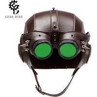 Steampunk Pilot Hat with Green Lens Goggles Retro Brown Leather Spiked Cosplay Helmet for Halloween Party Headwear