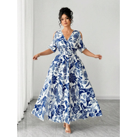 plus Size Elegant Dress Fashion Print Gathered Waist Slimming Vacation Style Floral And Bird Patterned Stylish Garment