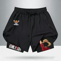 One Piece Luffy Gear 5 Print Men's 2-in-1 Running Shorts Anime Quick Dry Breathable Athletic Shorts with Liner Workout Gym Short