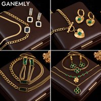 GANEMLY 316L Stainless Steel Square Heart Clover Zircon Necklace Bracelets Earrings For Women Fashion Waterproof Jewelry Set