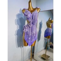Latin Dance Dress, High-end Custom Pearl Diamond Stripe Tassel Floral Dress, Tango Women's Adult Stage Professional Clothing