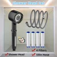 Black High Pressure Water Saving Shower Head Set 3 Modes Adjustable with 4 Filter Cartridge 59in Hose