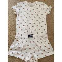 Little Bear Bow Print T-shirt Shorts 2 Pieces Set Women O-neck Slim Tee Elastic Waist Straight Short Pant Sweet Home Pajama Sets