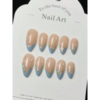 10 Pieces of Handmade Fake Nails with Blue French Tips, Golden Accents, Nude Shade - Minimalist, Stylish and High-End for Daily