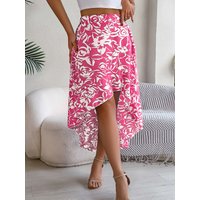 Spring Summer Elegant Flower Print Asymmetric Ruffle Edge Skirt Contrasting Colors Skirts for Women 2026 Fashion Dresses Pink