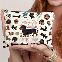 Women's Cosmetic & Travel Organizer Bag - Cute Dachshund Dog Makeup Pouch with Zipper Closure, Beige Makeup Case
