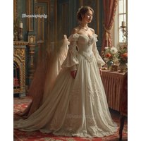 Vintage Victorian Wedding Dress Off Shoulder Long Sleeves Princess Bridal Gown Lace Appliques Corset Medieval Dress Customized