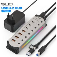 Aluminum Powered USB Hub 10Gbps USB-A USB-C 3.2 7Ports USB C Hub Individual On/Off Switches 12V Power Adapter for Laptop PC