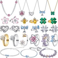 New 925 Sterling Silver Four Leaf Clover Flower Bee Ear Stud Ring Pendant Bead fit DIY Women's Bracelets Necklaces Jewelry Gifts