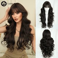Long Body Wave Dark Brown Wig for Women Synthetic Heat-Resistant Modest Fashion Wear and Go Black Tea Wigs with Neat Bangs