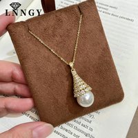 Lnngy Sparkling 2.8mm Round Cut Moissanite Necklace For Women Exquisite 14K Gold Filled Teardrop Pearl Pendant Necklace Gift