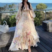 Women Floral Print Maxi Dress Long Sleeve Elegant Fairy Style Holiday Beach long Dress