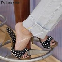 Sexy Black Dot Print Bowknot Slippers Spike High Heel Shoes For Women Slip On Open Toe Fashionable Casual Party Women Slippers