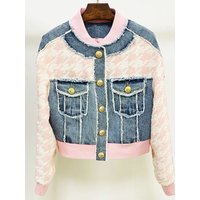 Newest 2026 Designer Fashion Women's Lion Buttons Houndstooth Tweed Denim Patchwork Tassel Fringed Jacket
