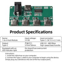 USB 2.0 Hub Module 1-to-4 Splitter with Type C Interface Four Output Channels Expansion Board for Multi Device Access