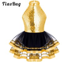 Halter Sequins Ballet Tutu Dress Kids Girls Latin Jazz Modern Dancing Costume Gymnastics Leotard Unitards Performance Dancewear