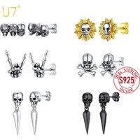 U7 925 Sterling Silver Stud Earrings Rock Hand Gesture Skeleton Skull Hands Earrings Rivets Punk Gothic Unisex Jewelry Gift