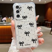 Black Bow Clear Card Bag Wallet Case For Samsung Galaxy A57 A37 A17 A56 A16 A26 A55 A15 5G S25 FE S26 S25 S23 Ultra Phone Cover