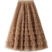 HOT Solid Multilayer Ruffle Mesh Skirt Women Boho High Waist Long Maxi Tulle Skirt Spring Summer Party Women's Clothing