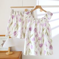 2026 Women's New Summer Pajama Set 100% Cotton Crepe Vest+Shorts Two Piece Loose Home Clothing Set Sleepwear Ladies