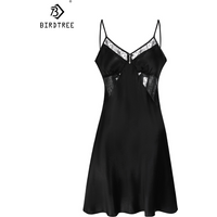 Birdtree 16MM 100%Real Silk Sexy Nightgown Women Lace Backless Pajamas Home Clothes Night Sling Dress 2024 Spring New P3D9110QM
