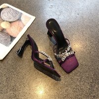 Square Toe Rhinestone Decorated Sandals Women's Summer 2026 New High Heel Slide Sandals