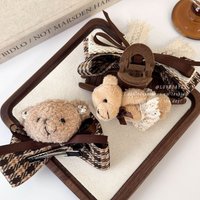1pc Cartoon fabric teddy bear clip hair clip, new autumn and winter checkered bow headband, shark clip hair clip hair accessory