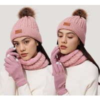 Winter Women Hat Scarf Gloves Set Faux Fur Ball Teenager Girls Knitted Beanie Neck Warmer Scarves Touch Screen Gloves Suit 3PCS