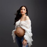 Maternity Sexy Drape Chiffon Blouse Elegant V-Neck Puff Long Sleeves Women Cropped Tops for Baby Shower Party Photoshoot