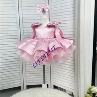 Customized Pink Flower Girls Wedding Dress Satin Bow Beaded Tiered Kids Hostess Ceremony Ball Gown Princess Birthday Prom Party