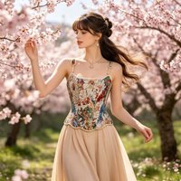 French style jacquard oil painting wrap around top with back straps that cinch the waist for shaping and a tight fitting bra