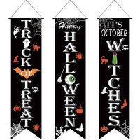 Black Spooky Halloween Hanging Flag Trio, Witch Cat Pumpkin Bat Vertical Banner for Front Door Indoor Outdoor Halloween Decor