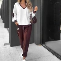 Fashion Women's Suit Contrasting Color V-neck Long-sleeved Simple Elastic Waist Casual Street Sweatshirt Pants 2-piece Set