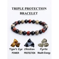 Triple Power Beaded Bracelet Tiger's Eye for Courage Obsidian Grounding & Pyrite for Wealth Natural Stones Healthy Care Jewelry