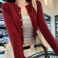 Red Cardigan Sweater for Women Soft Knit Long Sleeve Button-up Crop Jacket Blouse Top Spring Autumn Shrunken Cardigan Y2K