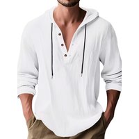 Men's Cotton Linen Hooded Henry Shirt Pullover Breathable Comfortable New Style Versatile Casual Wear