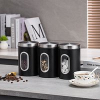 3pcs Stainless Steel Storage Jar with Visual Window Coffee Bean Tea Sugar Food Storage Black Set Kitchen Sealed Jar
