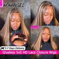 WOWANGEL 4/27 mettre en évidence sans colle perruque de cheveux humains couleur blond miel 5x5 HD dentelle fermeture perruques pré plumées perruque droite pour les femmes