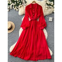 Elegant Red A-Line Dress with Pleated Slimming Waist And Lantern Sleeves Turn-down Collar Long Skirt for Women Spring Season