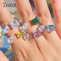 ZAKOL Modischer rosafarbener quadratischer Wassertropfen-Offenring für Damen, glänzender Zirkonia-Hochzeitsring, verstellbarer Ring, neuer Ins-Style-S