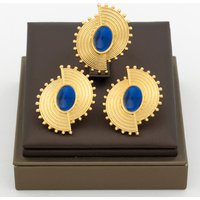 African Jewelry Set for Women Sapphire Blue Stone Earrings and Finger Ring Luxury Set 18k Copper Gold Plated Earring Jewelry Set