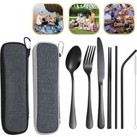 8PCS Outdoor Tableware Set Stainless Steel Knife, Fork, Spoon, Chopstick, Straw, Mountaineering Camping Portable Tableware Bag