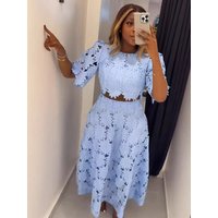 Skirt and Top Two Piece Set Women Sweet Style Appliques Hollow Out Ladies A Line Summer Dress Set Wholesale Dropshipping