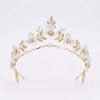 Luxury White Acrylic Flower Wedding Tiara Crystal Pearl Bridal Headband Gold Leaf Hair Jewelry Party Headpiece for Women